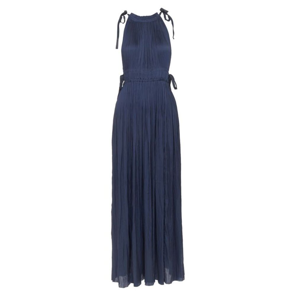 ULLA JOHNSON midnight blue pleated halter neck drawstring tie midi dress US0 XS - Picture 9 of 9